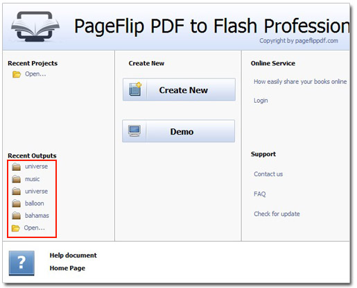 A list of recent output file is displayed on the left side of the dialog box