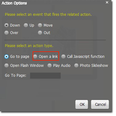 Click “Action Option” to choose “Open a link”