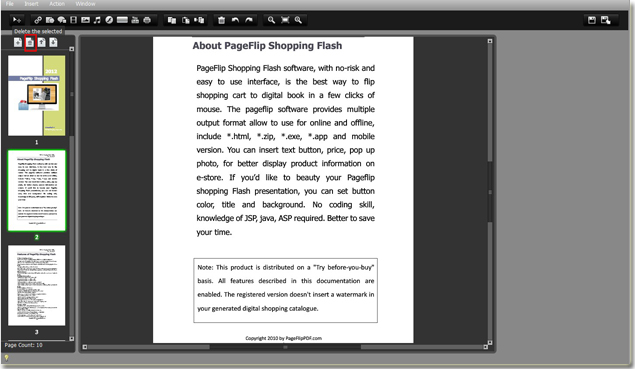 easily click button to delete pages of shopping flash cart by page flip software